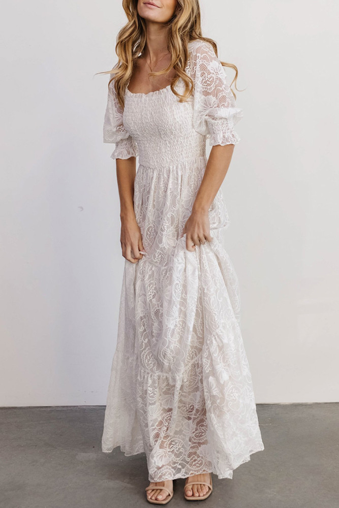 Long White Maxi Dress Smocked Lace Dress