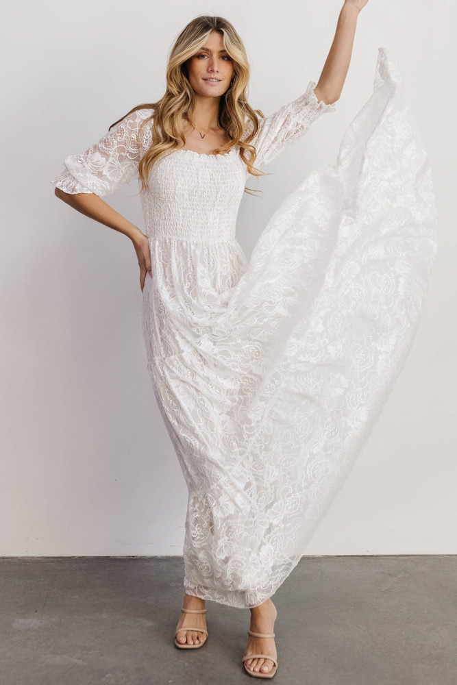 Long White Maxi Dress Smocked Lace Dress