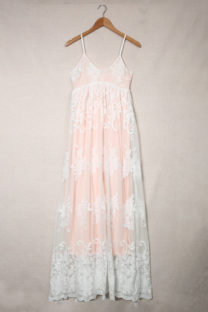 Womens Floral Crochet Lace Ruffled High Waist White Maxi Dress