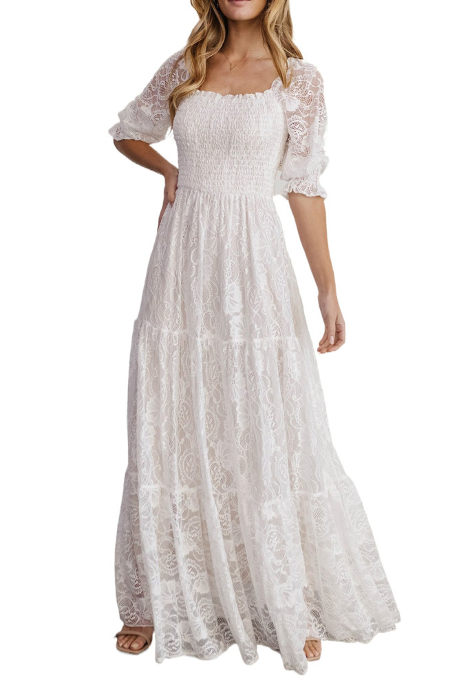 Long White Maxi Dress Smocked Lace Dress