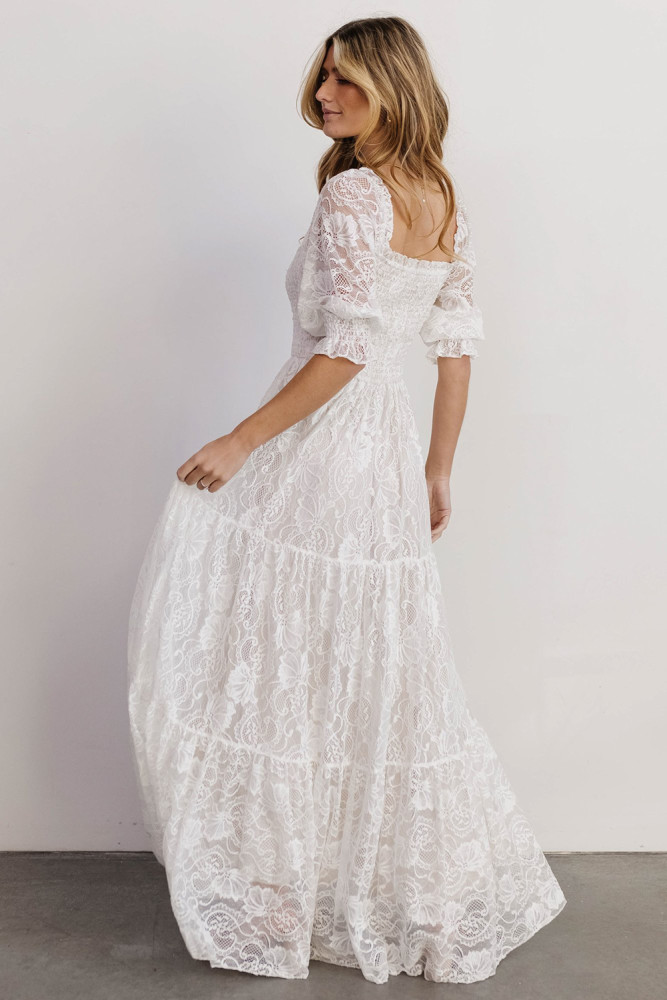 Long White Maxi Dress Smocked Lace Dress