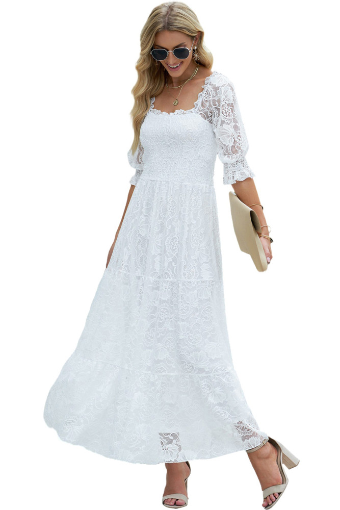 Long White Maxi Dress Smocked Lace Dress