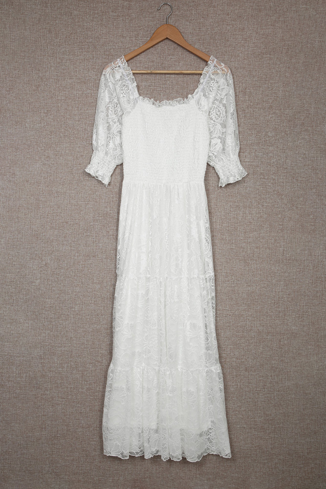 Long White Maxi Dress Smocked Lace Dress
