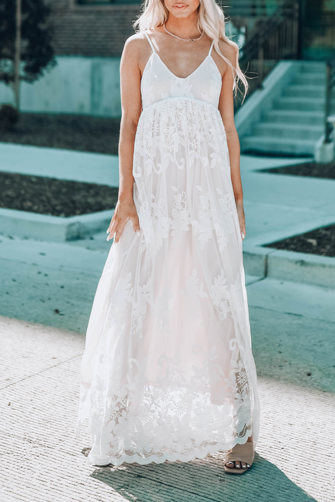 Womens Floral Crochet Lace Ruffled High Waist White Maxi Dress