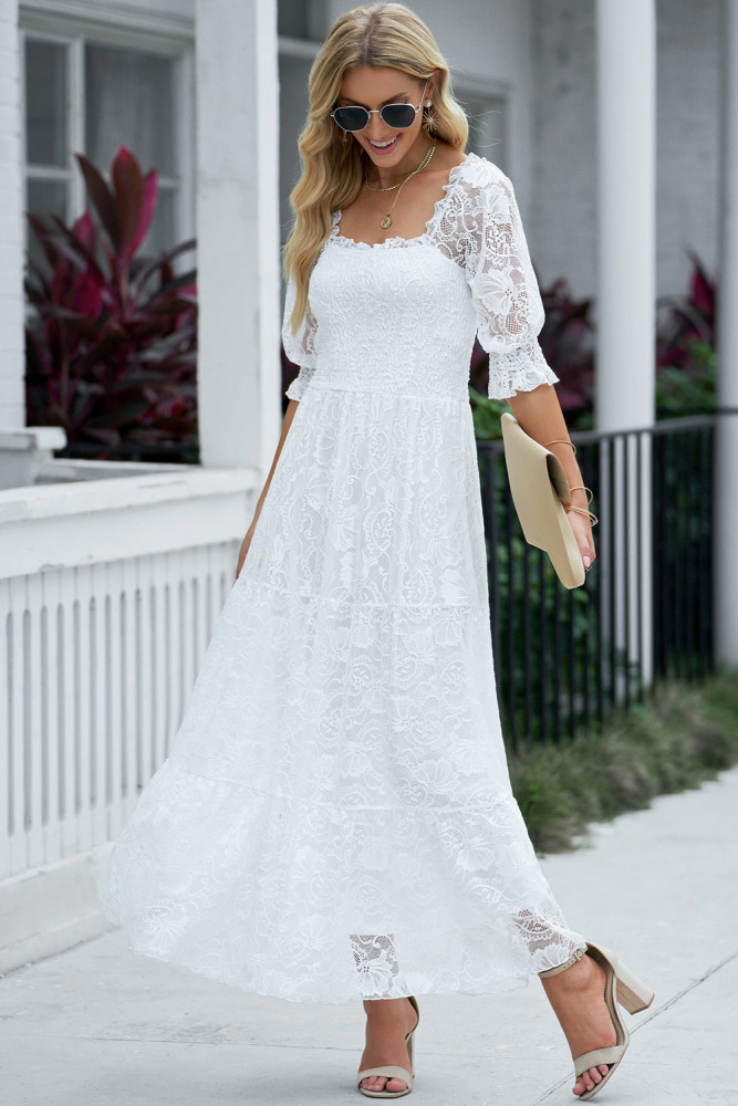 Long White Maxi Dress Smocked Lace Dress