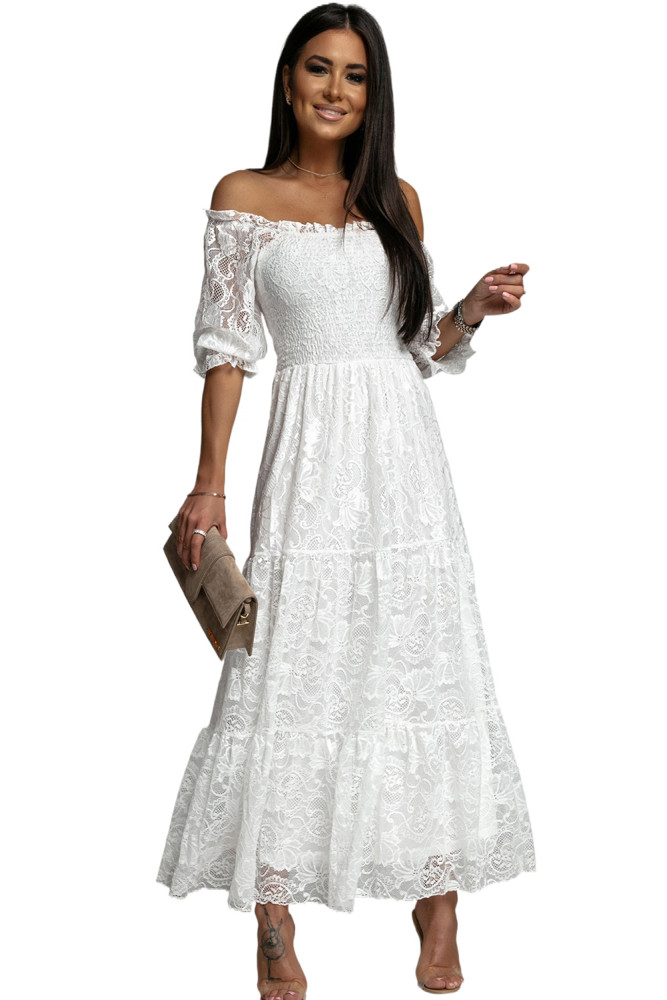 Long White Maxi Dress Smocked Lace Dress