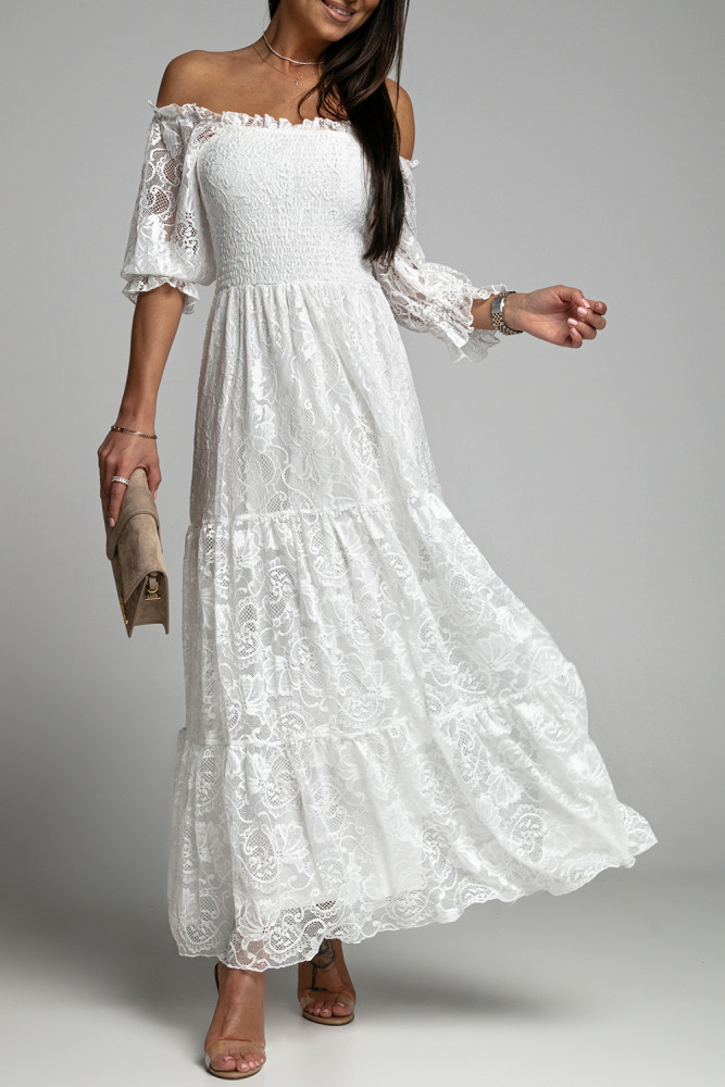 Long White Maxi Dress Smocked Lace Dress