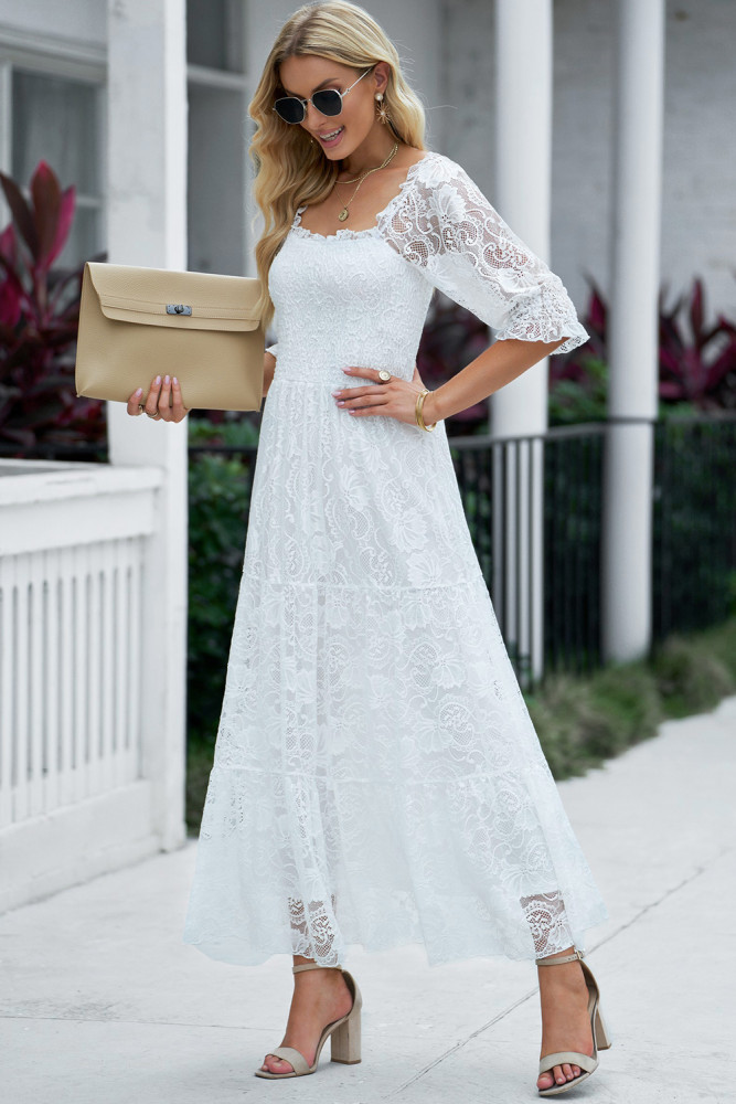 Long White Maxi Dress Smocked Lace Dress