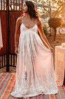 Womens Floral Crochet Lace Ruffled High Waist White Maxi Dress