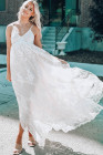 Womens Floral Crochet Lace Ruffled High Waist White Maxi Dress