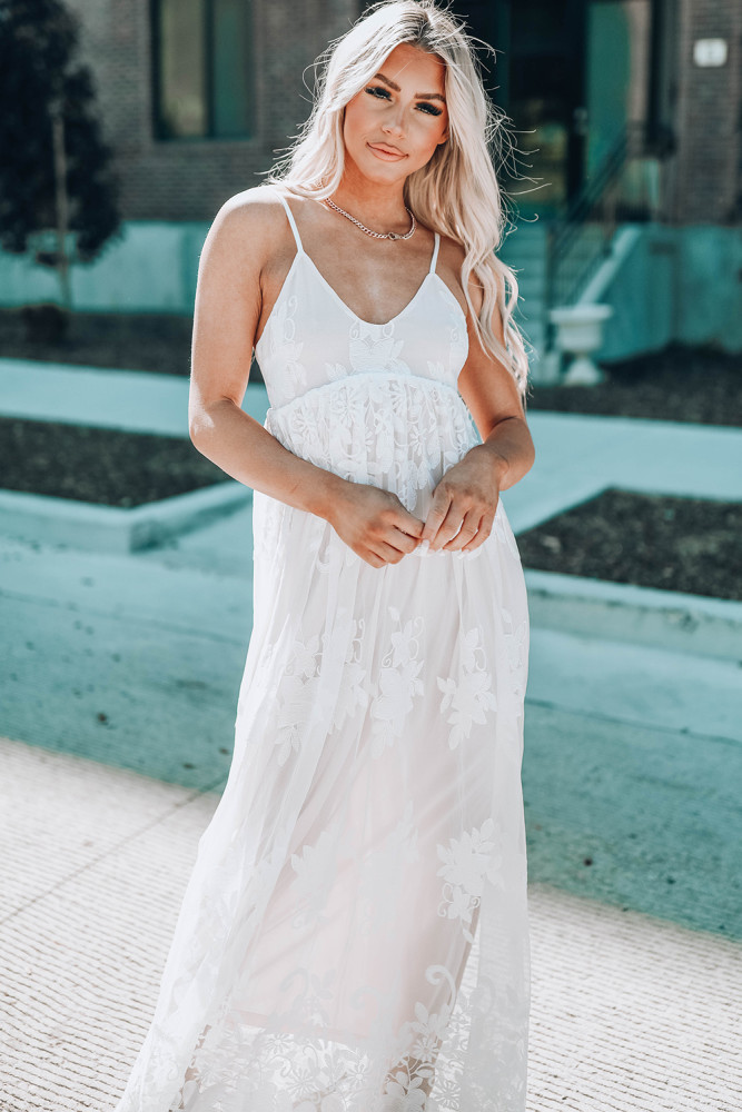 Womens Floral Crochet Lace Ruffled High Waist White Maxi Dress