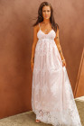 Womens Floral Crochet Lace Ruffled High Waist White Maxi Dress
