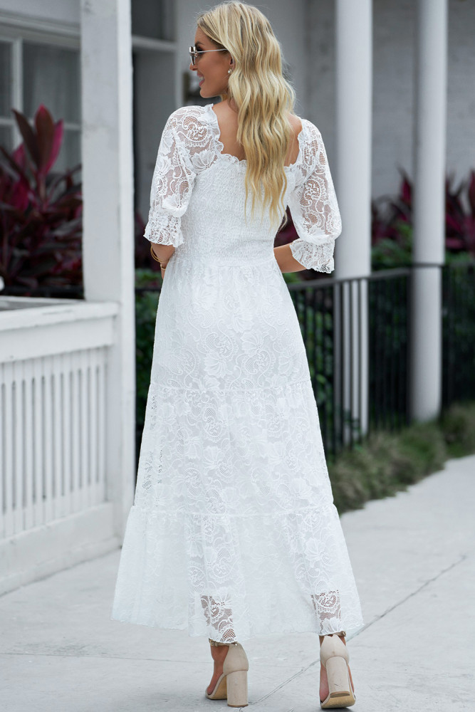 Long White Maxi Dress Smocked Lace Dress