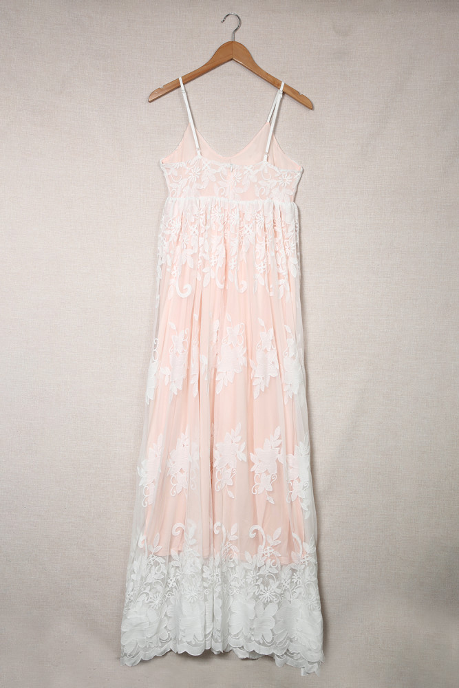 Womens Floral Crochet Lace Ruffled High Waist White Maxi Dress