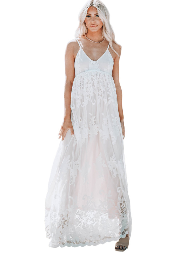 Womens Floral Crochet Lace Ruffled High Waist White Maxi Dress
