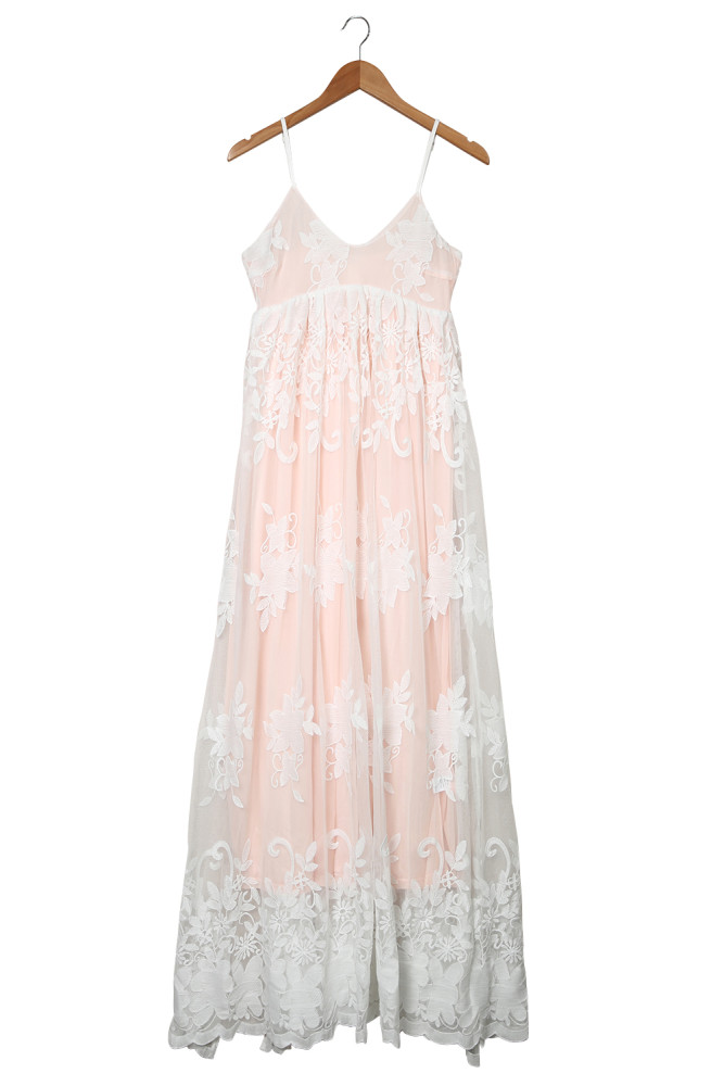 Womens Floral Crochet Lace Ruffled High Waist White Maxi Dress