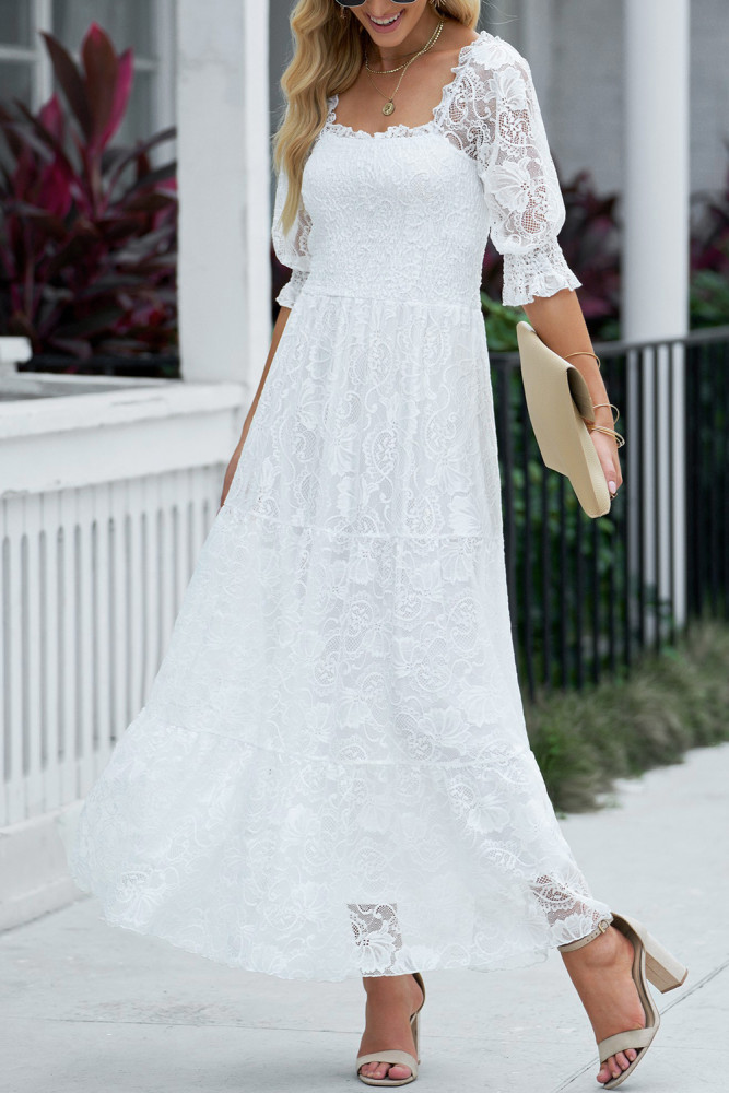 Long White Maxi Dress Smocked Lace Dress