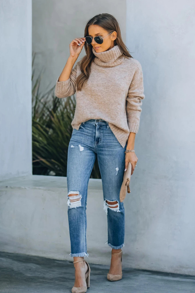 Womens Distressed Frayed Raw Hem Button Mid Waist Jeans