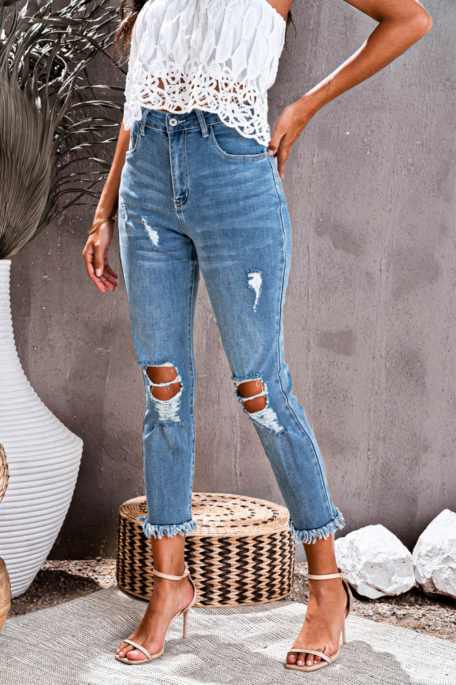 Womens Distressed Frayed Raw Hem Button Mid Waist Jeans