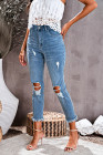 Womens Distressed Frayed Raw Hem Button Mid Waist Jeans