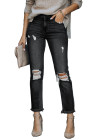 Womens Distressed Frayed Raw Hem Button Mid Waist Jeans