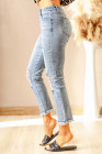 Womens Distressed Frayed Raw Hem Button Mid Waist Jeans