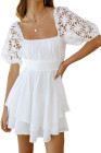 Womens Square Neck Lace Contrast Ruffles A Line Mini Dress