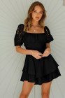 Womens Square Neck Lace Contrast Ruffles A Line Mini Dress