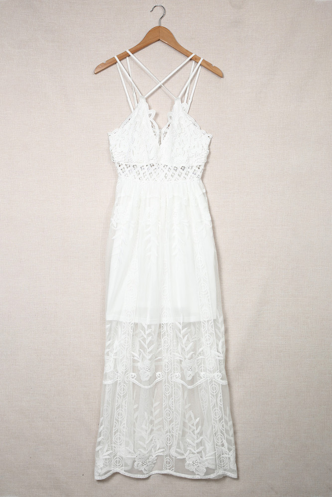 Women's Sleeveless Lace Mesh White Maxi Dress