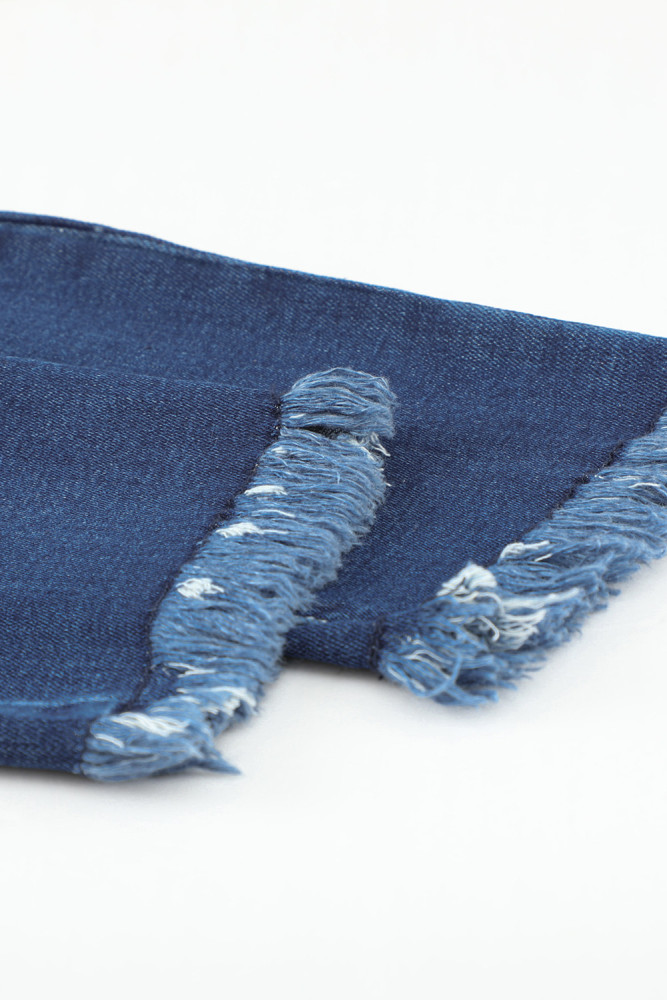 Womens Distressed Frayed Raw Hem Button Mid Waist Jeans