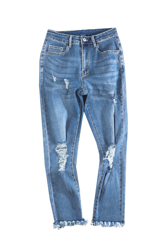 Womens Distressed Frayed Raw Hem Button Mid Waist Jeans