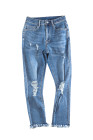 Womens Distressed Frayed Raw Hem Button Mid Waist Jeans