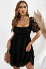 Womens Square Neck Lace Contrast Ruffles A Line Mini Dress