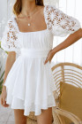 Womens Square Neck Lace Contrast Ruffles A Line Mini Dress
