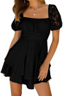 Womens Square Neck Lace Contrast Ruffles A Line Mini Dress