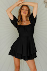 Womens Square Neck Lace Contrast Ruffles A Line Mini Dress