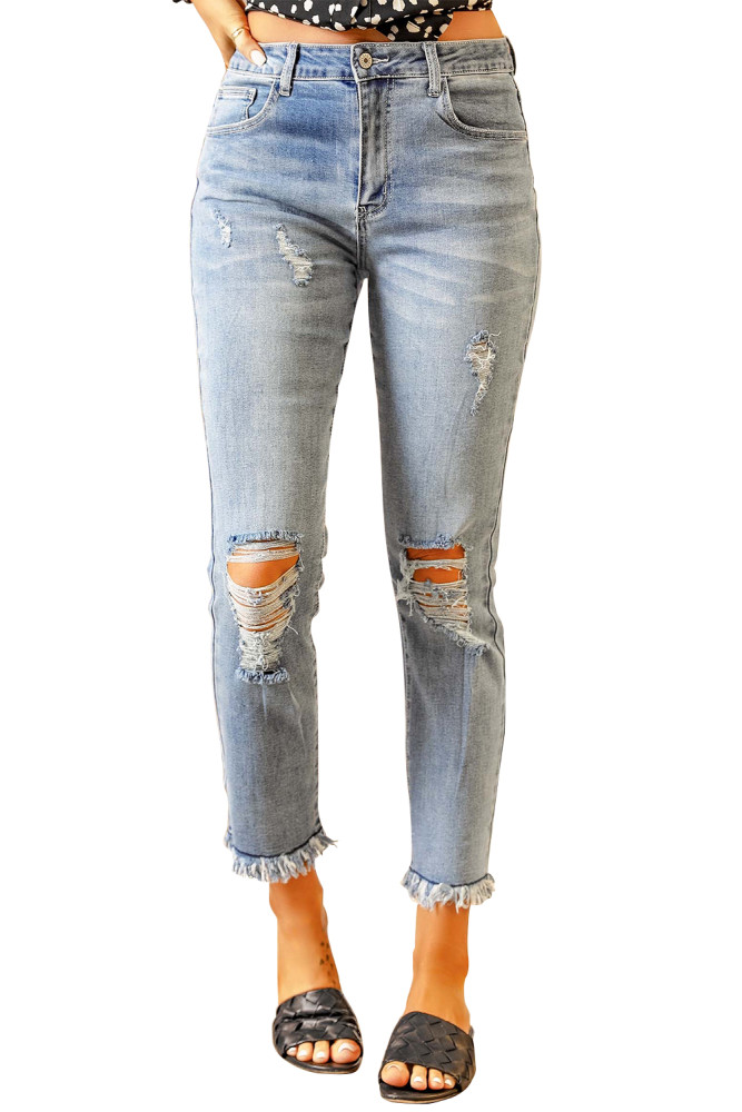 Womens Distressed Frayed Raw Hem Button Mid Waist Jeans
