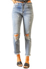 Womens Distressed Frayed Raw Hem Button Mid Waist Jeans
