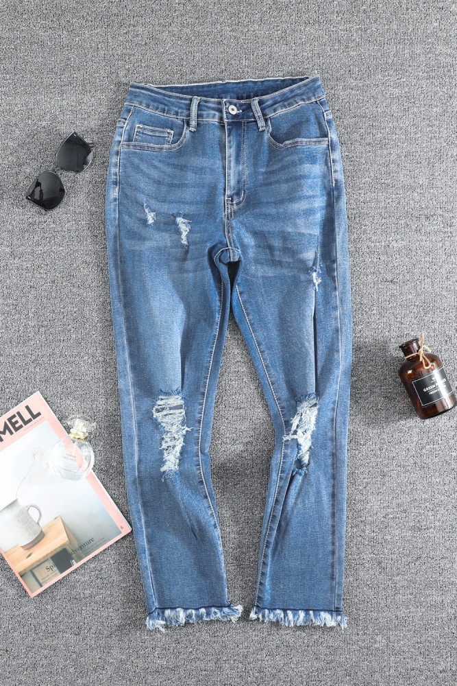 Womens Distressed Frayed Raw Hem Button Mid Waist Jeans