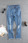 Womens Distressed Frayed Raw Hem Button Mid Waist Jeans