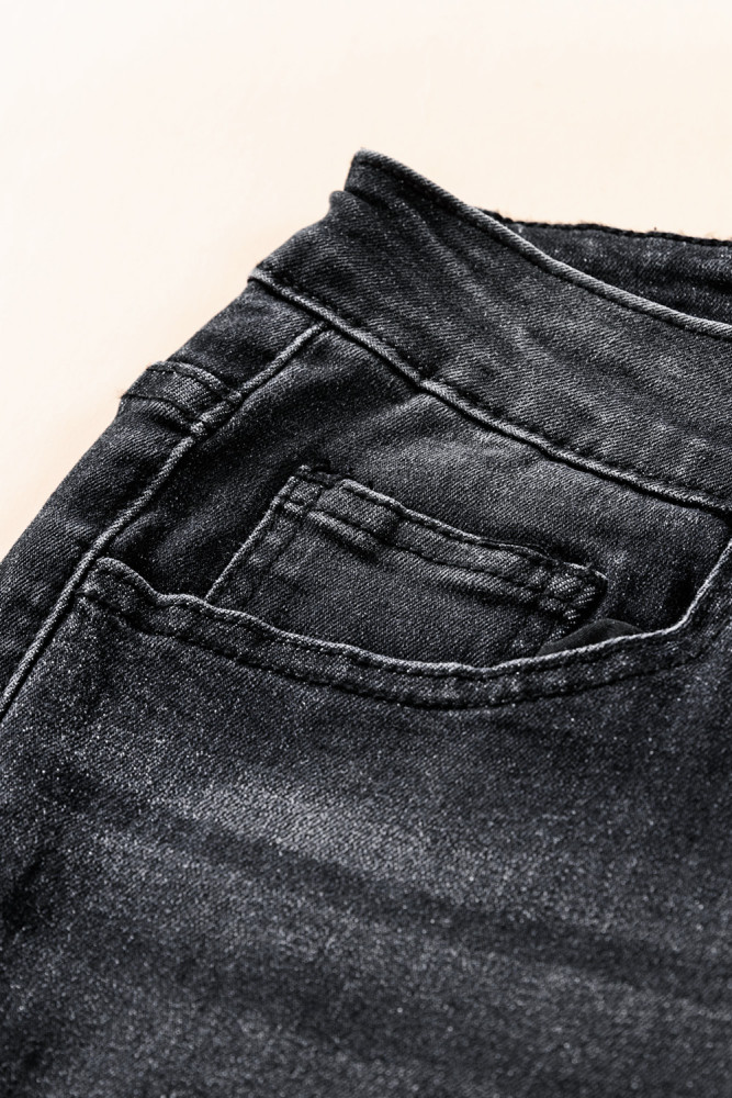 Womens Distressed Frayed Raw Hem Button Mid Waist Jeans