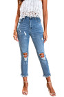 Womens Distressed Frayed Raw Hem Button Mid Waist Jeans