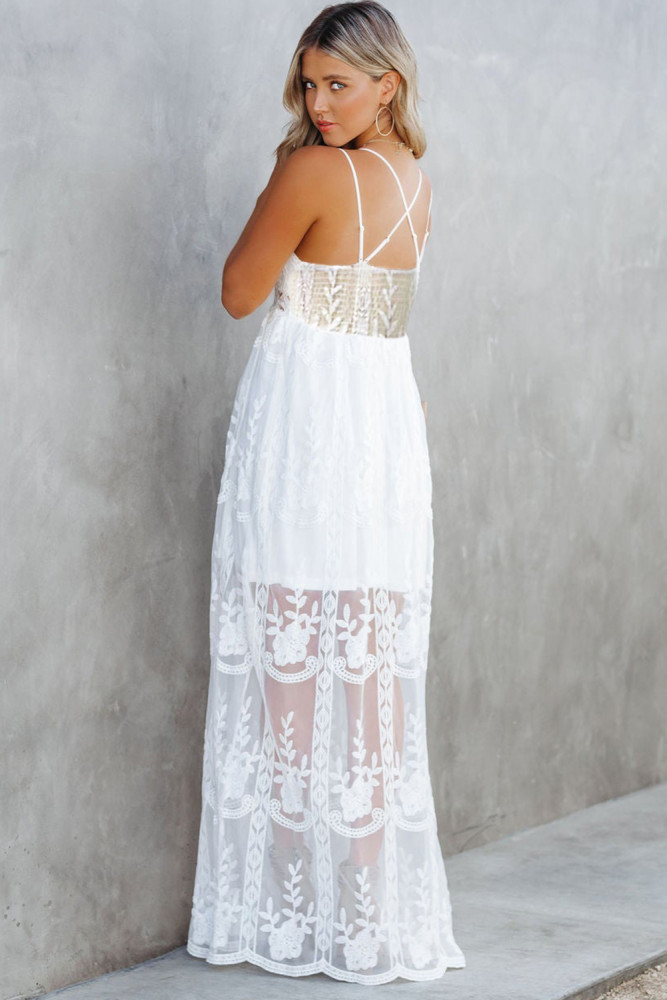 Women's Sleeveless Lace Mesh White Maxi Dress