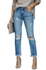 Womens Distressed Frayed Raw Hem Button Mid Waist Jeans