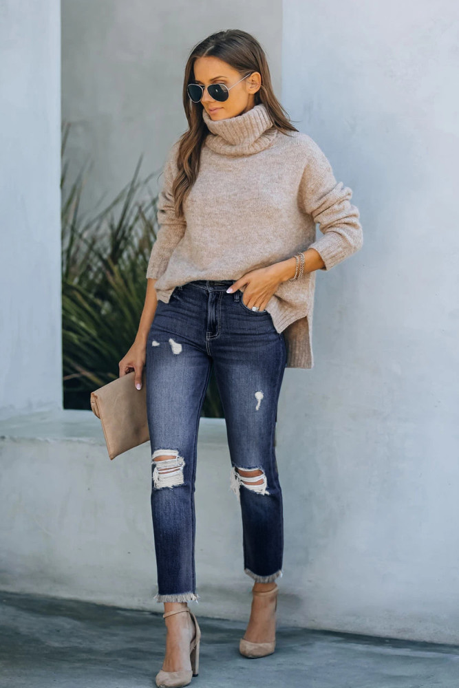 Womens Distressed Frayed Raw Hem Button Mid Waist Jeans