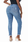 Womens Distressed Frayed Raw Hem Button Mid Waist Jeans