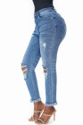 Womens Distressed Frayed Raw Hem Button Mid Waist Jeans