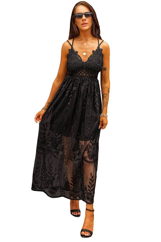 Women's Sleeveless Lace Mesh White Maxi Dress