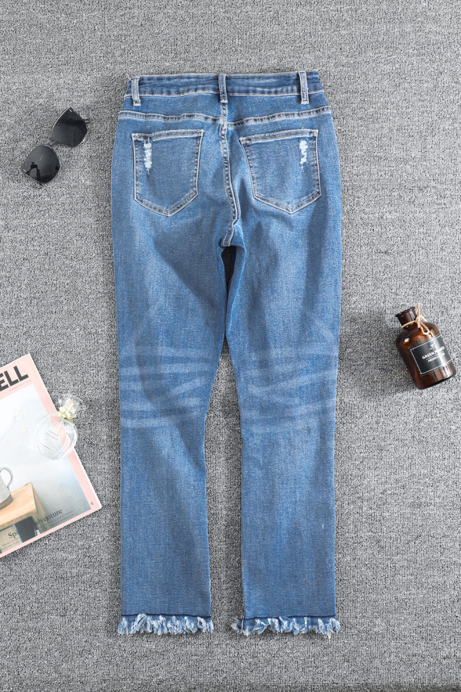 Womens Distressed Frayed Raw Hem Button Mid Waist Jeans