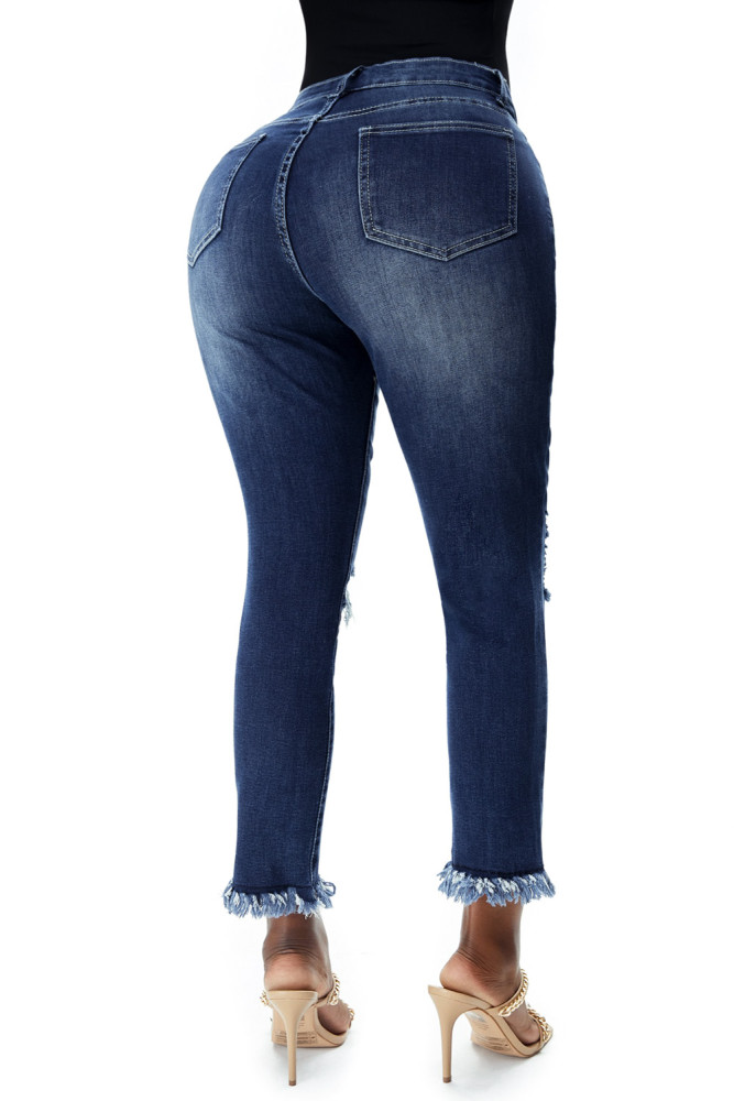 Womens Distressed Frayed Raw Hem Button Mid Waist Jeans